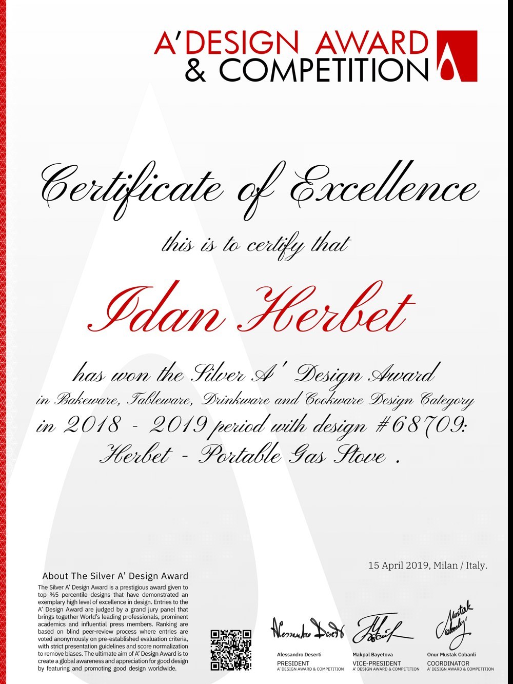 תעודת ההצטיינות של A' Design Award: עידן הרבט זכה בפרס הכסף על הגזייה הניידת, 15 באפריל 2019