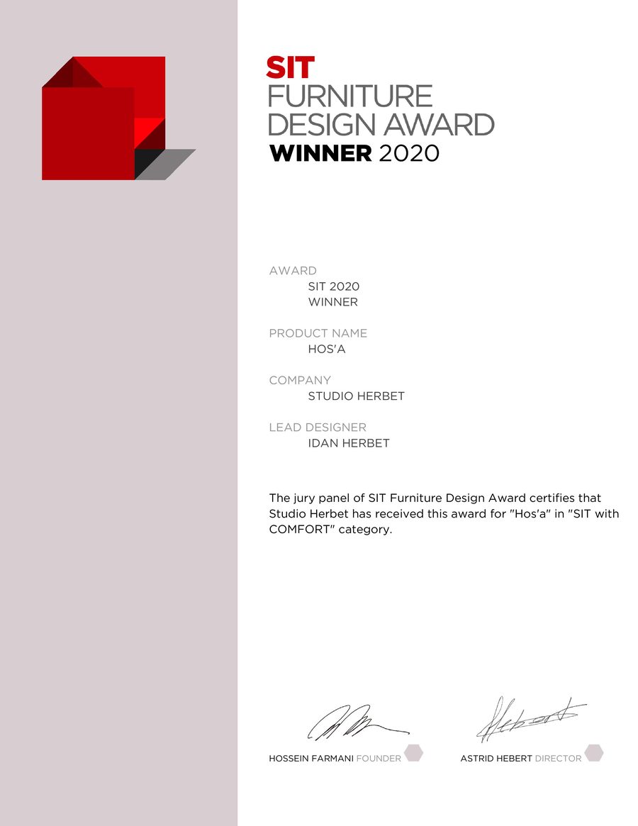 תעודת הזכייה של HOS'A ב-SIT Furniture Design Award 2020