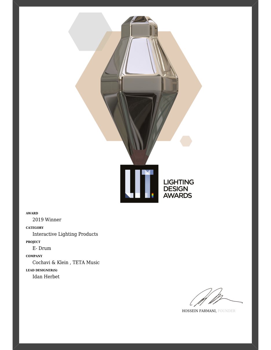 תעודת LIT Lighting Design Awards 2019, זוכה בקטגוריית מוצרי תאורה אינטראקטיביים, E-DRUM
